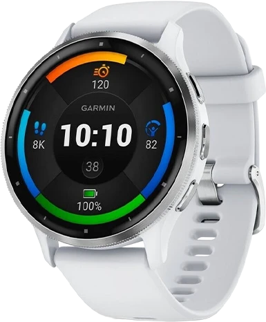 Išmanusis laikrodis Garmin Venu® 3, 45 mm, Sidabro spalvos nerūdijančiojo plieno apvadas su baltojo akmens korpusu ir silikoniniu dirželiu