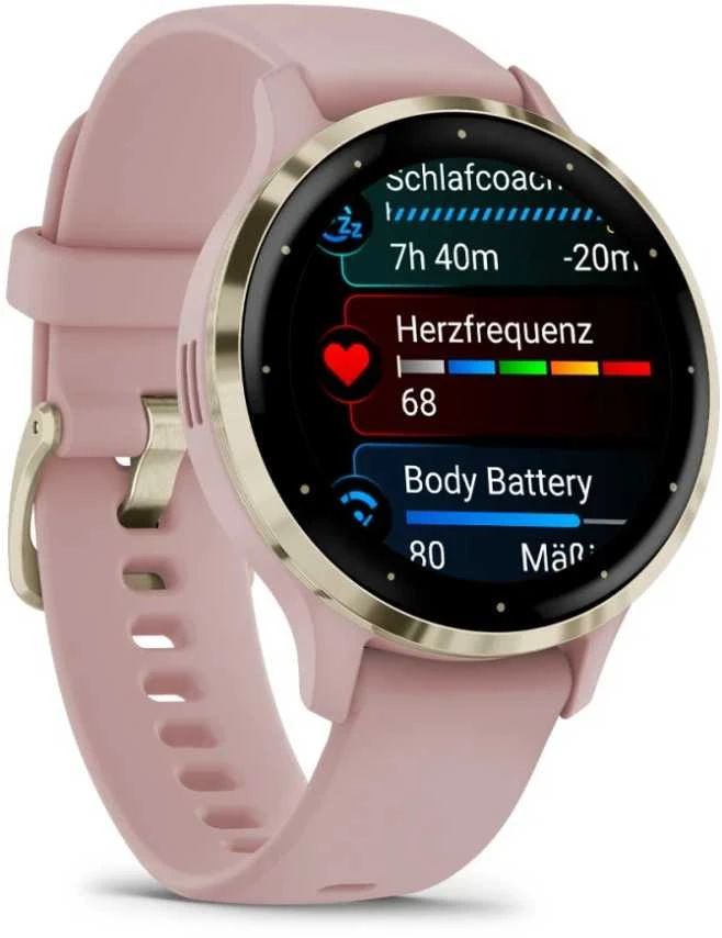Išmanusis laikrodis Garmin Venu® 3S, Šviesaus aukso spalvos nerūdijančiojo plieno apvadas su pilkai rausvos spalvos korpusu ir silikoniniu dirželiu