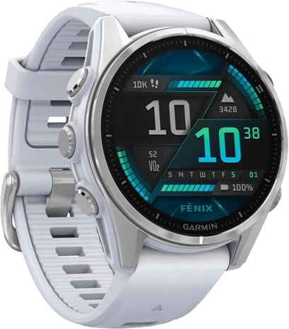 Išmanusis laikrodis Garmin Fenix 8 – 43 mm, AMOLED Sidabrinės spalvos korpusas su baltojo akmens spalvos silikoniniu dirželiu