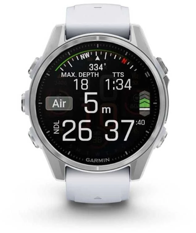 Išmanusis laikrodis Garmin Fenix 8 – 43 mm, AMOLED Sidabrinės spalvos korpusas su baltojo akmens spalvos silikoniniu dirželiu