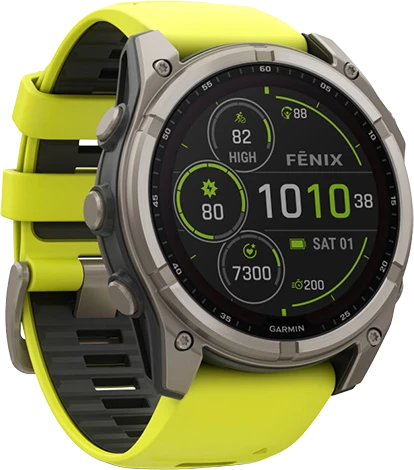 Išmanusis laikrodis Garmin Fenix 8 51mm, Solar, Sapphire, Titanas su ryškiai geltonu / grafito spalvos silikoniniu dirželiu