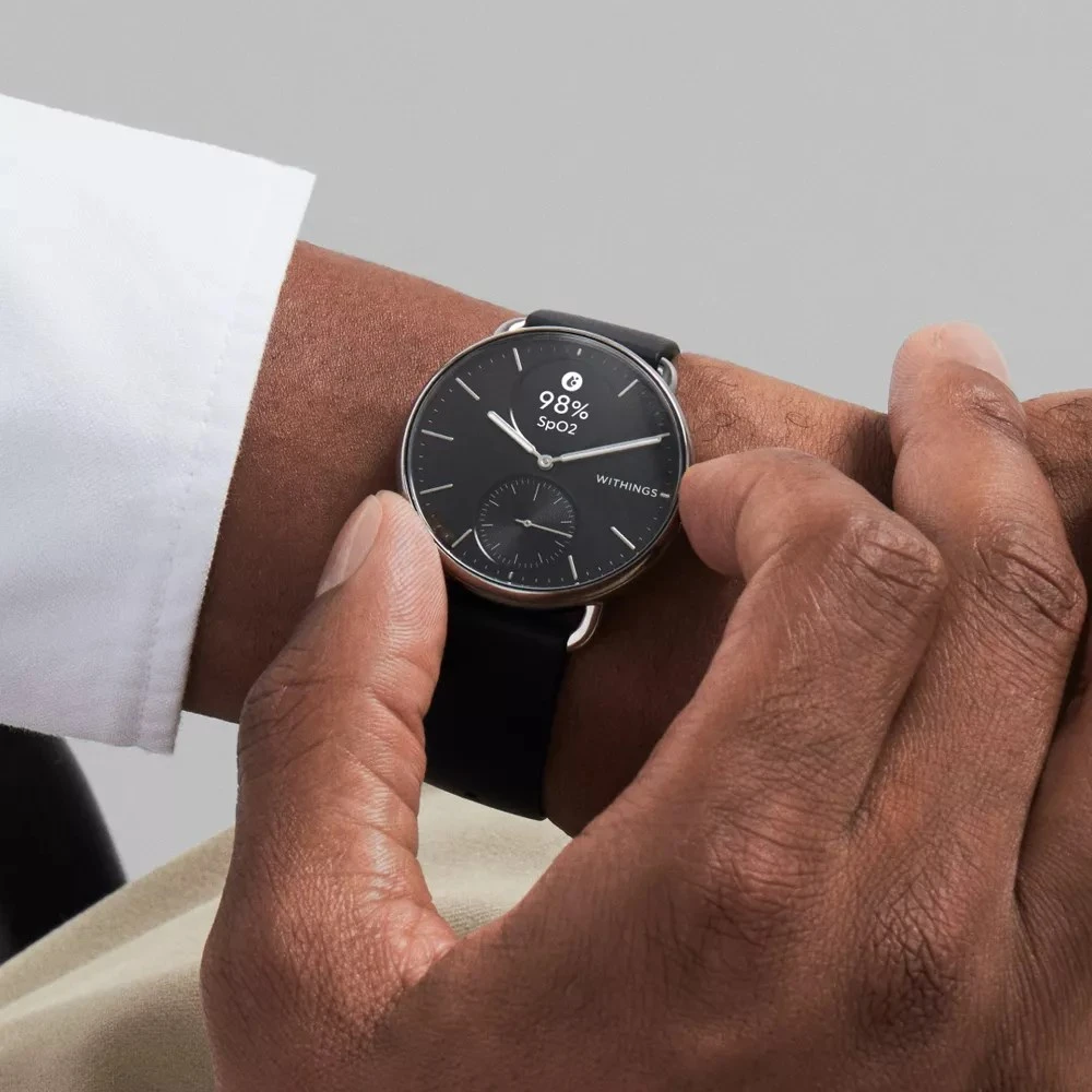 Išmanusis laikrodis Withings Scanwatch 2, 38 mm, Sidabrinės spalvos korpusas su juodos spalvos dirželiu
