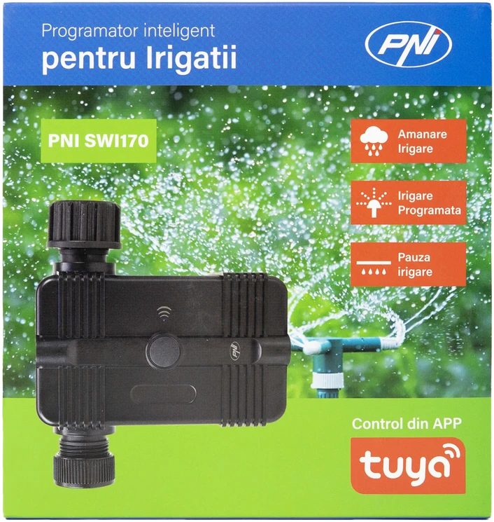 Išmanusis laistymo programatorius PNI SWI170, Wi-Fi, 3/4 arba 1/2 jungtis, 1700 l/h, valdymas per „Tuya“ programėlę, suderinamas su „Amazon Alexa“ ir „Google Home“