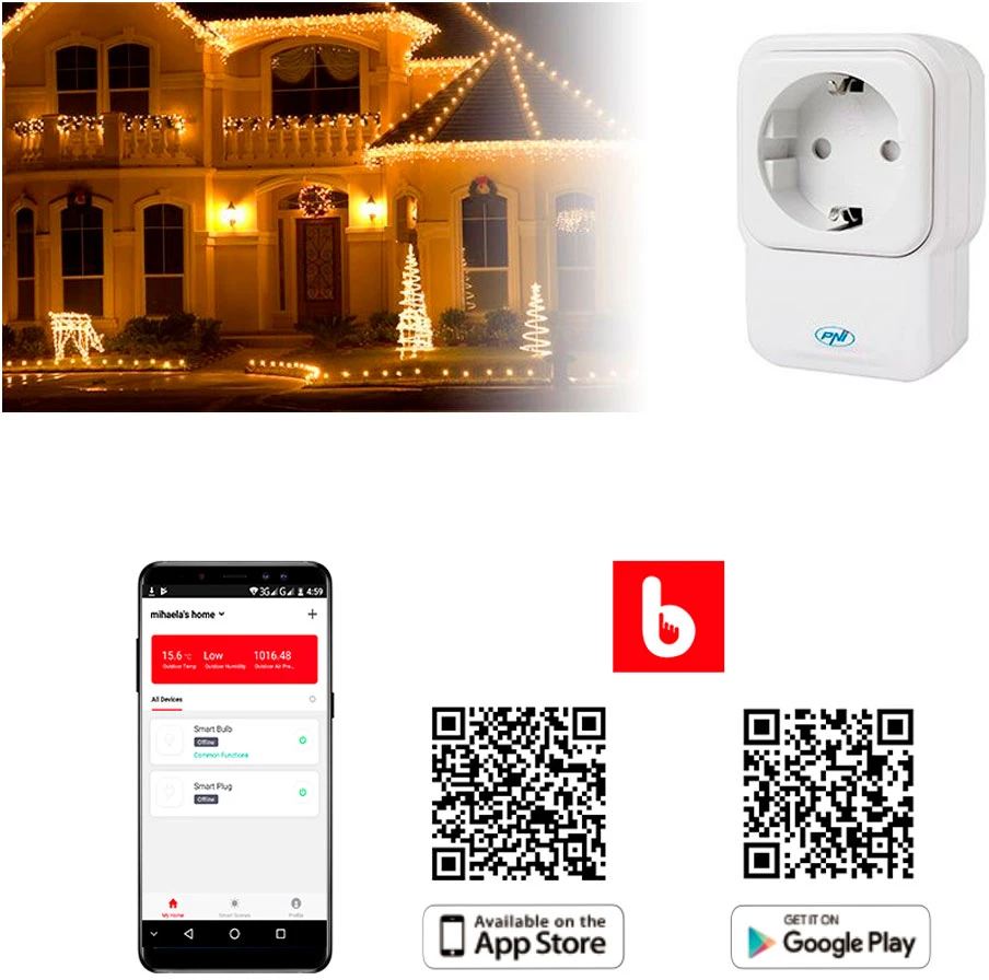 Išmanusis lizdas su kartotuvu ir šviesos reguliatoriumi PNI SmartHome SM441R, skirtas bet kurio elektros prietaiso įjungimui / išjungimui internetu