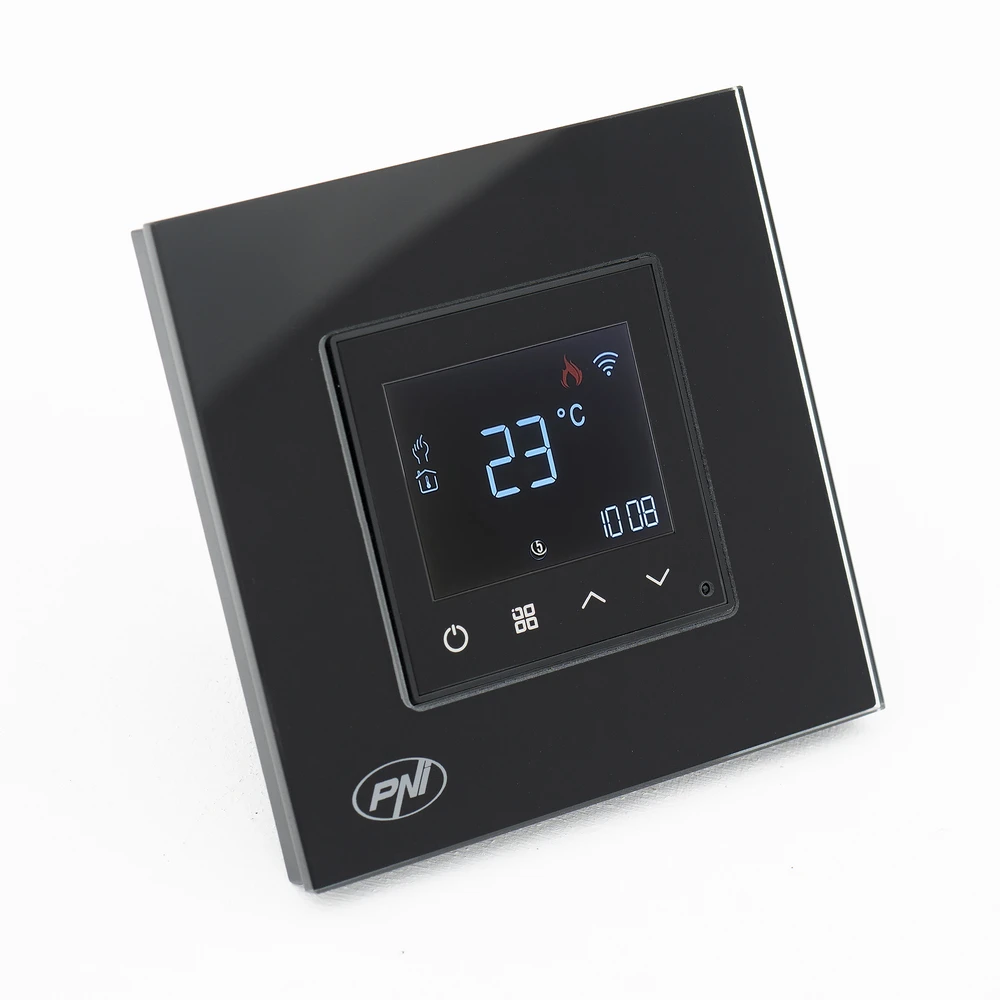 Išmanusis termostatas PNI CT25B WiFi dujiniam šildymo katilui, montuojamas į sieną, 16A, valdymas per „Tuya Smart“ programėlę, programavimas dienai, rankinis/automatinis režimas, juoda spalva