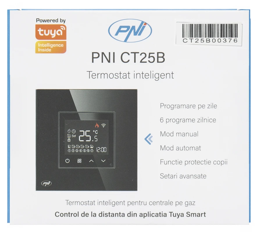 Išmanusis termostatas PNI CT25B WiFi dujiniam šildymo katilui, montuojamas į sieną, 16A, valdymas per „Tuya Smart“ programėlę, programavimas dienai, rankinis/automatinis režimas, juoda spalva