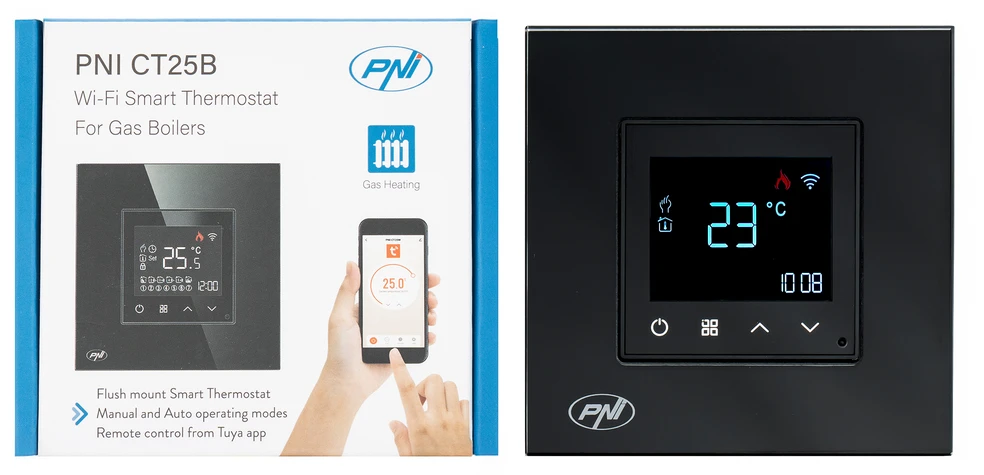 Išmanusis termostatas PNI CT25B WiFi dujiniam šildymo katilui, montuojamas į sieną, 16A, valdymas per „Tuya Smart“ programėlę, programavimas dienai, rankinis/automatinis režimas, juoda spalva