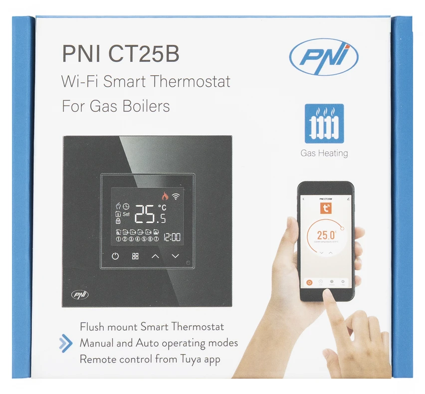 Išmanusis termostatas PNI CT25B WiFi dujiniam šildymo katilui, montuojamas į sieną, 16A, valdymas per „Tuya Smart“ programėlę, programavimas dienai, rankinis/automatinis režimas, juoda spalva