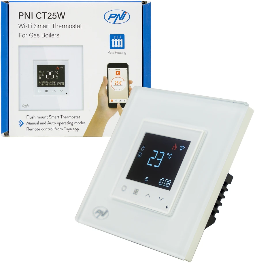 Išmanusis termostatas PNI CT25W WiFi dujiniam šildymo katilui, montuojamas į sieną, 16A, valdymas per „Tuya Smart“ programėlę, dieninis programavimas, rankinis/automatinis režimas, balta spalva