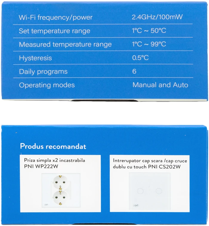 Išmanusis termostatas PNI CT25W WiFi dujiniam šildymo katilui, montuojamas į sieną, 16A, valdymas per „Tuya Smart“ programėlę, dieninis programavimas, rankinis/automatinis režimas, balta spalva