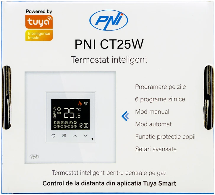 Išmanusis termostatas PNI CT25W WiFi dujiniam šildymo katilui, montuojamas į sieną, 16A, valdymas per „Tuya Smart“ programėlę, dieninis programavimas, rankinis/automatinis režimas, balta spalva