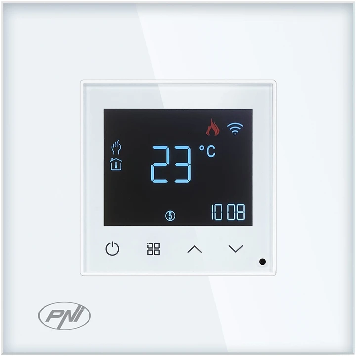 Išmanusis termostatas PNI CT25W WiFi dujiniam šildymo katilui, montuojamas į sieną, 16A, valdymas per „Tuya Smart“ programėlę, dieninis programavimas, rankinis/automatinis režimas, balta spalva