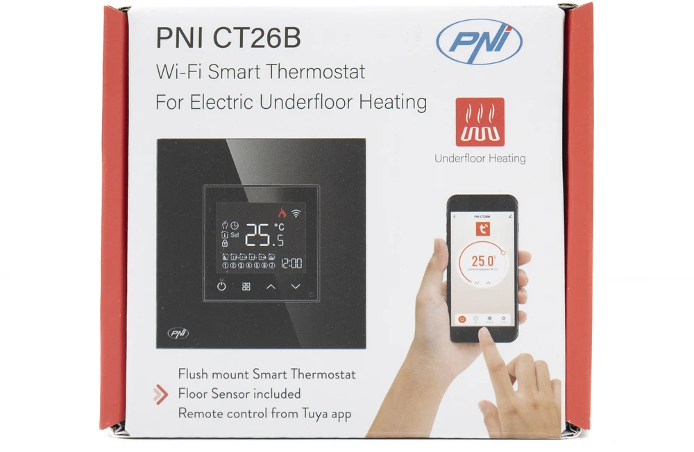 Išmanusis termostatas PNI CT26B WiFi elektriniam grindiniam šildymui arba siurblių grupei, montuojamas į sieną, grindų jutiklis pridedamas, 10A, montuojamas į sieną