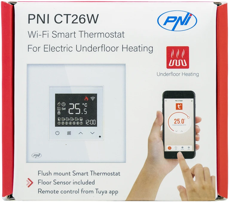 Išmanusis termostatas PNI CT26W WiFi elektriniam grindiniam šildymui arba siurblių grupei, montuojamas į sieną, grindų jutiklis pridedamas, 10A, montuojamas į sieną