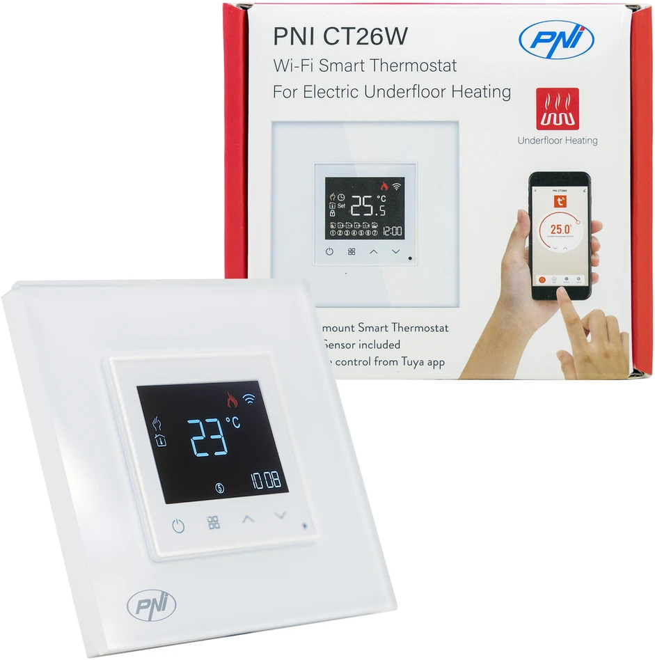 Išmanusis termostatas PNI CT26W WiFi elektriniam grindiniam šildymui arba siurblių grupei, montuojamas į sieną, grindų jutiklis pridedamas, 10A, montuojamas į sieną