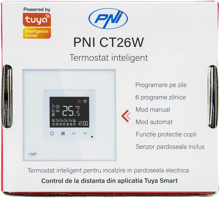 Išmanusis termostatas PNI CT26W WiFi elektriniam grindiniam šildymui arba siurblių grupei, montuojamas į sieną, grindų jutiklis pridedamas, 10A, montuojamas į sieną