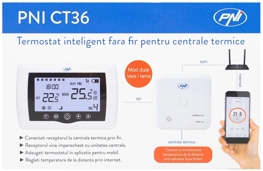 Išmanusis termostatas PNI CT36 belaidis, su WiFi, valdymu internetu, šiluminėms elektrinėms, APP TuyaSmart