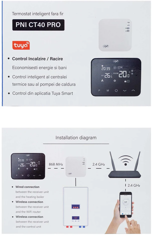 Išmanusis termostatas PNI CT40 PRO belaidis, su WiFi, valdymu internetu, šildymo sistemoms, TuyaSmart APP
