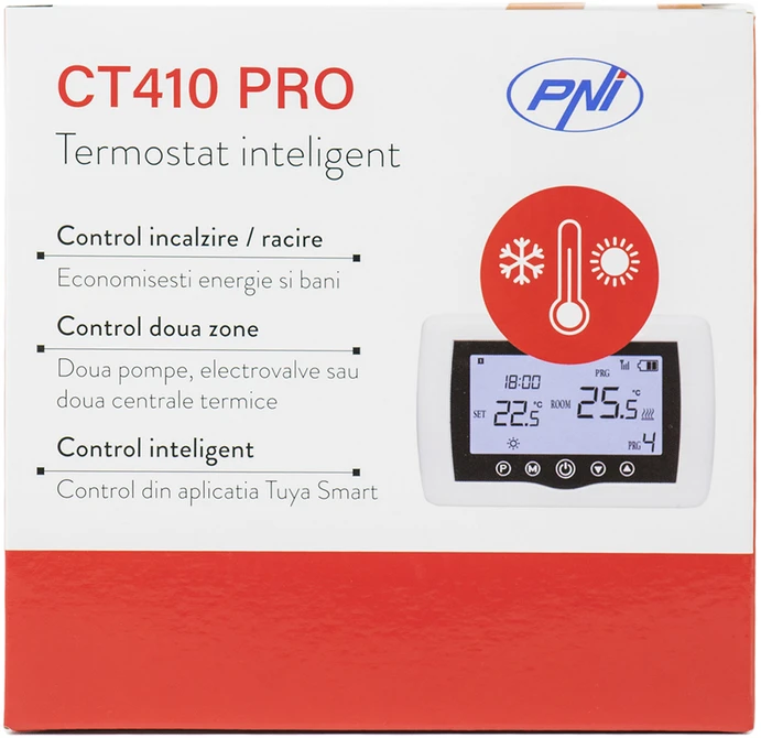 Išmanusis termostatas PNI CT410 PRO belaidis, su WiFi, 2 zonų valdymas internetu, šildymo sistemoms, siurbliams, elektromagnetiniams vožtuvams, TuyaSmart programėlė, histerezė 0,2 °C