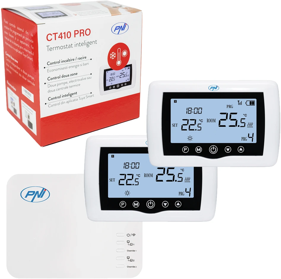 Išmanusis termostatas PNI CT410 PRO belaidis, su WiFi, 2 zonų valdymas internetu, šildymo sistemoms, siurbliams, elektromagnetiniams vožtuvams, TuyaSmart programėlė, histerezė 0,2 °C