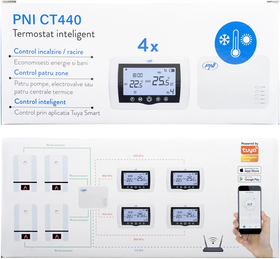 Išmanusis termostatas PNI CT440 belaidis, su WiFi, 4 zonų valdymas internetu, šildymo sistemoms, siurbliams, solenoidiniams vožtuvams, TuyaSmart APP