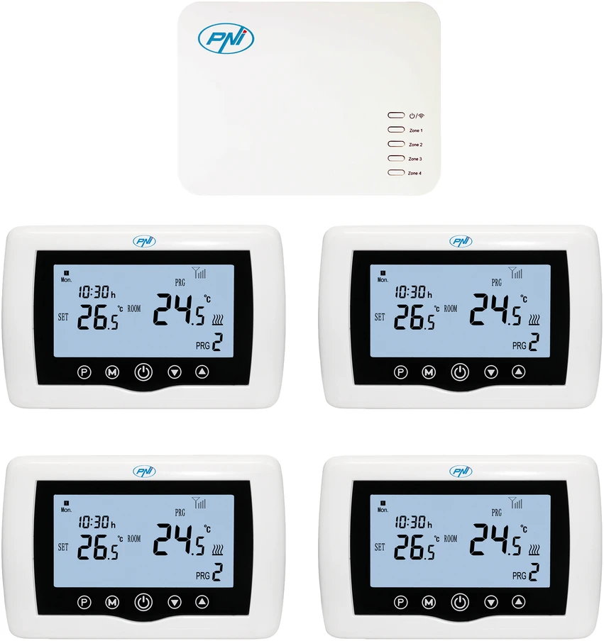 Išmanusis termostatas PNI CT440 belaidis, su WiFi, 4 zonų valdymas internetu, šildymo sistemoms, siurbliams, solenoidiniams vožtuvams, TuyaSmart APP