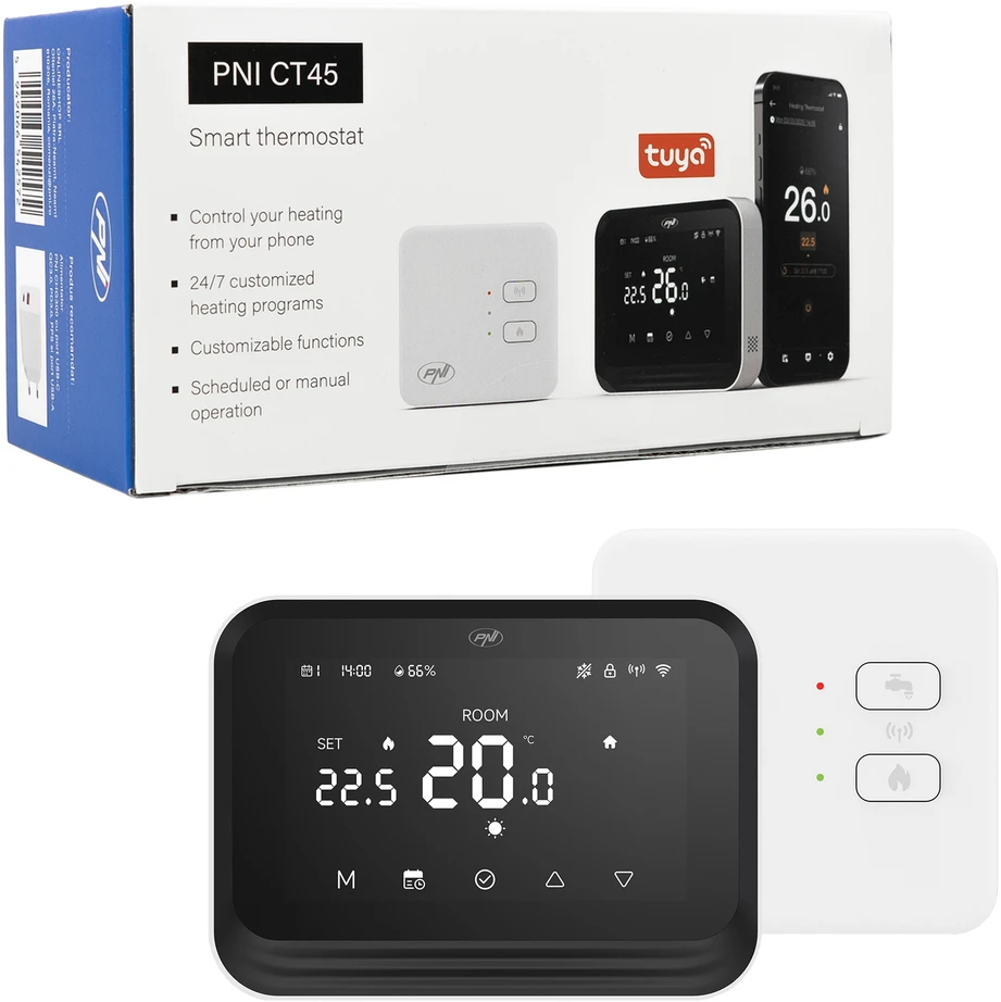 Išmanusis termostatas PNI CT45 belaidis, su WiFi, valdymu internetu, šildymo sistemoms, TuyaSmart APP