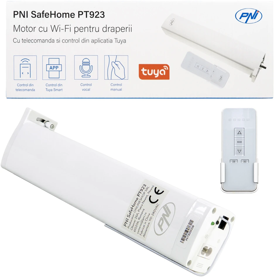 Išmanusis užuolaidų variklis, užuolaidos PNI SafeHome PKT923, WiFi, su pridedamu nuotolinio valdymo pulteliu, valdomas naudojant Tuya Smart programėlę