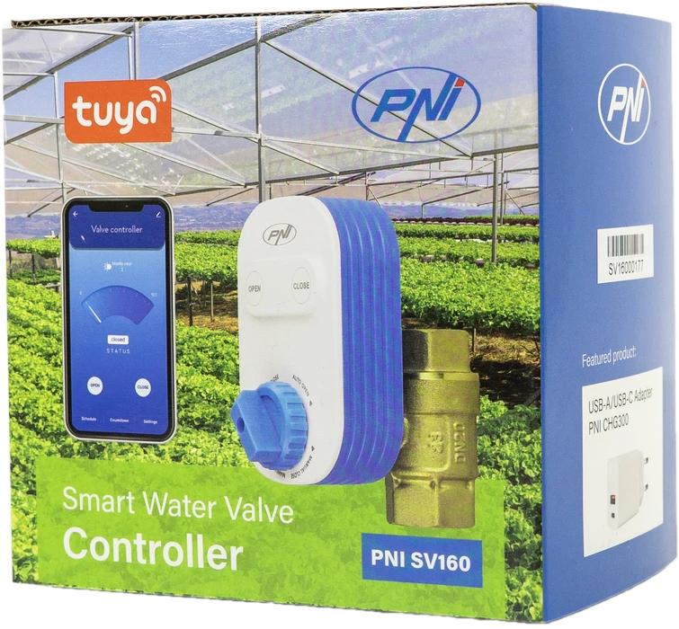 Išmanusis vandens vožtuvas PNI SV160, „Wi-Fi“ ryšys, IP65, DN20, 3/4, „Tuya“ programėlė, suderinamas su „Amazon Alexa“ ir „Google Home“