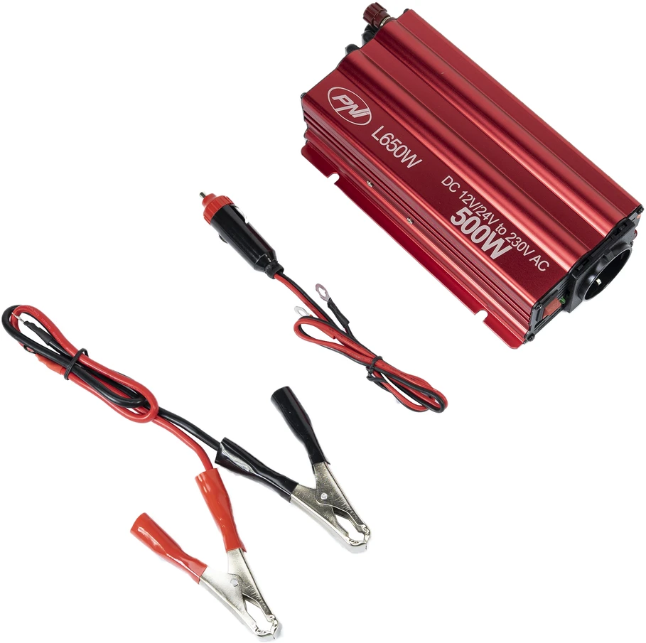 Įtampos keitiklis PNI L650W dvigubas maitinimo šaltinis 12V/24V, išėjimas 230V, 500W, modifikuota sinusinė banga, USB jungtis 5V 500mAh, su pridedamais maitinimo gnybtais ir cigarečių degiklio kištuku