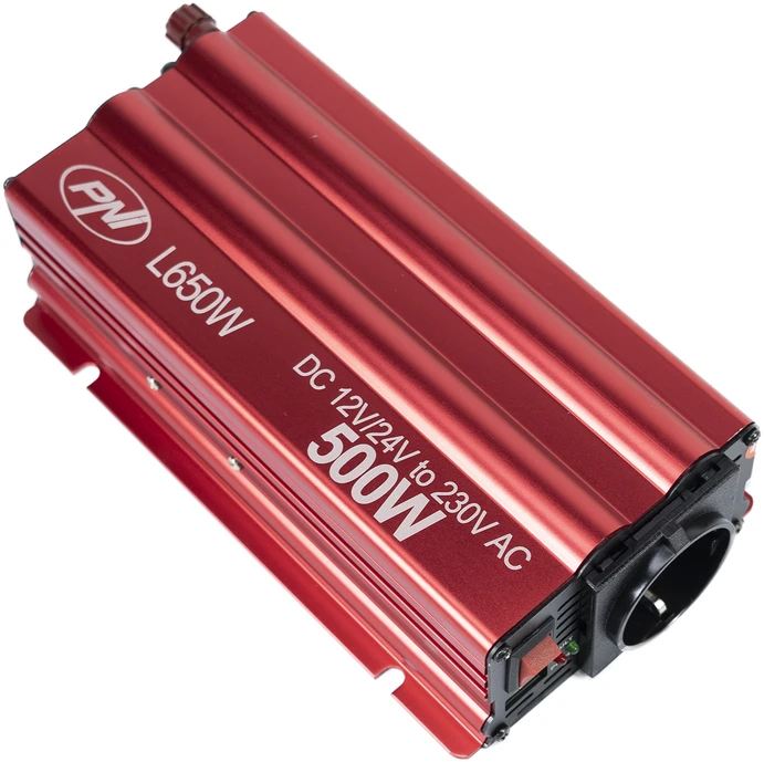 Įtampos keitiklis PNI L650W dvigubas maitinimo šaltinis 12V/24V, išėjimas 230V, 500W, modifikuota sinusinė banga, USB jungtis 5V 500mAh, su pridedamais maitinimo gnybtais ir cigarečių degiklio kištuku