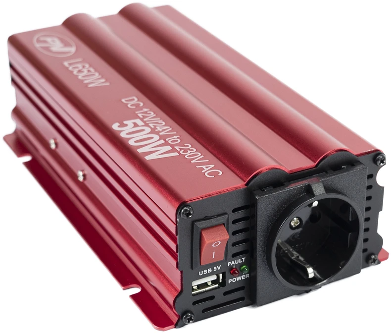 Įtampos keitiklis PNI L650W dvigubas maitinimo šaltinis 12V/24V, išėjimas 230V, 500W, modifikuota sinusinė banga, USB jungtis 5V 500mAh, su pridedamais maitinimo gnybtais ir cigarečių degiklio kištuku