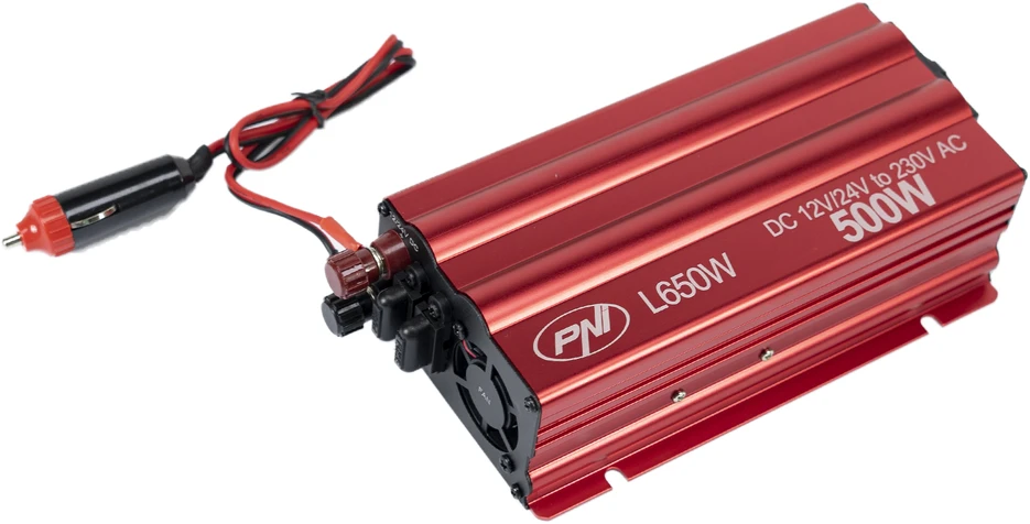 Įtampos keitiklis PNI L650W dvigubas maitinimo šaltinis 12V/24V, išėjimas 230V, 500W, modifikuota sinusinė banga, USB jungtis 5V 500mAh, su pridedamais maitinimo gnybtais ir cigarečių degiklio kištuku