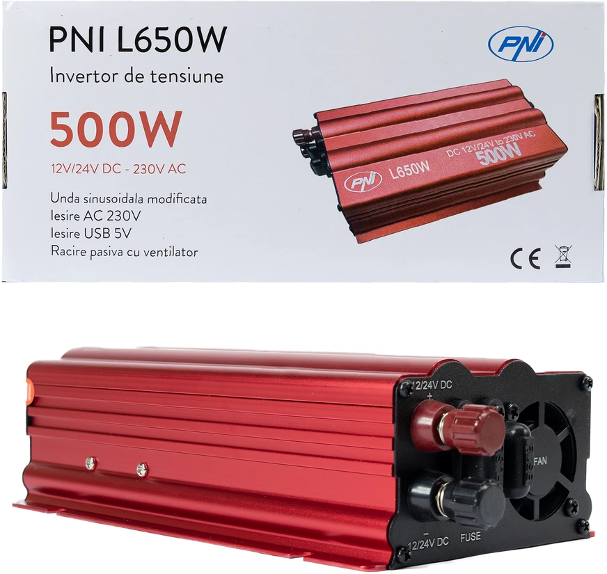 Įtampos keitiklis PNI L650W dvigubas maitinimo šaltinis 12V/24V, išėjimas 230V, 500W, modifikuota sinusinė banga, USB jungtis 5V 500mAh, su pridedamais maitinimo gnybtais ir cigarečių degiklio kištuku