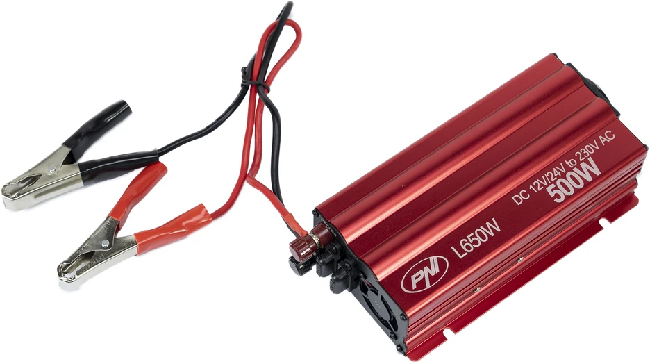 Įtampos keitiklis PNI L650W dvigubas maitinimo šaltinis 12V/24V, išėjimas 230V, 500W, modifikuota sinusinė banga, USB jungtis 5V 500mAh, su pridedamais maitinimo gnybtais ir cigarečių degiklio kištuku