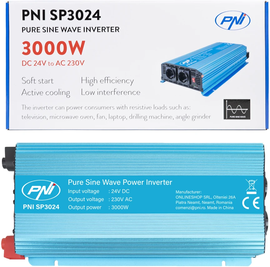 Įtampos keitiklis PNI SP3024 24V maitinimo šaltinis 230V išėjimas 3000W gryna sinusinė banga