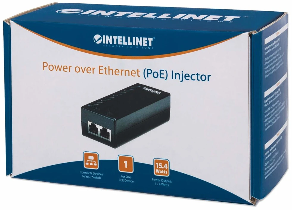 „Intellinet Power over Ethernet“ (PoE) purkštukas, 1 prievadas, 48 V DC, suderinamas su IEEE 802.3af (Euro 2 kontaktų kištukas)