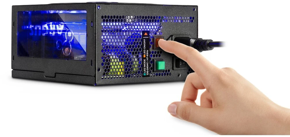 Maitinimo šaltinis INTER-TECH Argus RGB 750 W CM, 80PLUS Gold, 140 mm ventiliatorius su 21 itin ryškiu šviesos diodu, perjungiamas apšvietimas, akrilo stiklo šoninis skydelis, aktyvus PFC, 4xPCI-e, OPP/OVP/SCP apsauga, pusiau modulinis kabelių valdymas (rev. . 2)