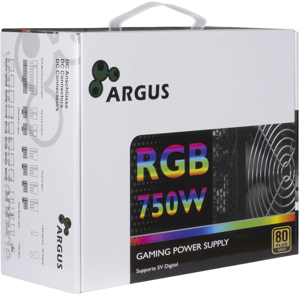Maitinimo šaltinis INTER-TECH Argus RGB 750 W CM, 80PLUS Gold, 140 mm ventiliatorius su 21 itin ryškiu šviesos diodu, perjungiamas apšvietimas, akrilo stiklo šoninis skydelis, aktyvus PFC, 4xPCI-e, OPP/OVP/SCP apsauga, pusiau modulinis kabelių valdymas (rev. . 2)