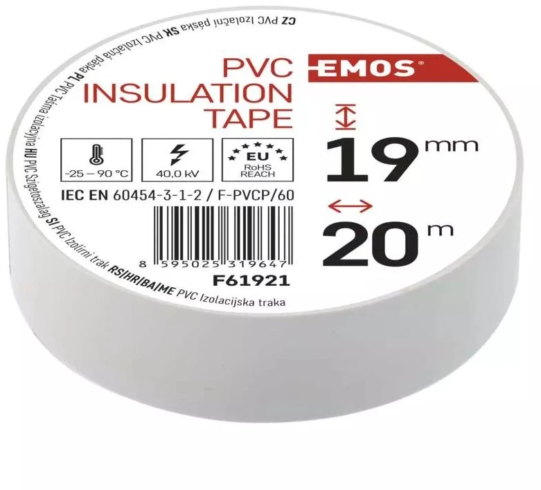 Izoliacinė juosta PVC 19mmx013mmx20m balta F61921, EMOS