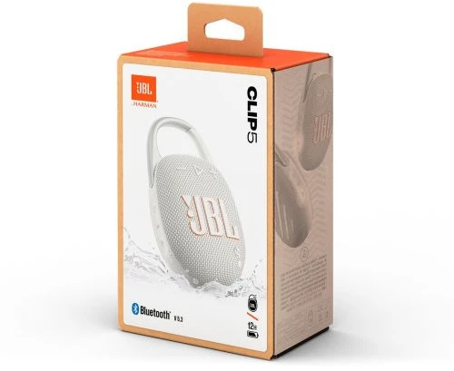 JBL Clip 5 nešiojama kolonėlė, Baltos spalvos
