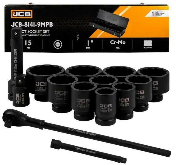 JCB SMŪGINIŲ RAKTŲ RINKINYS 15 vnt. 1″ 12-kampiai (36-80 mm)