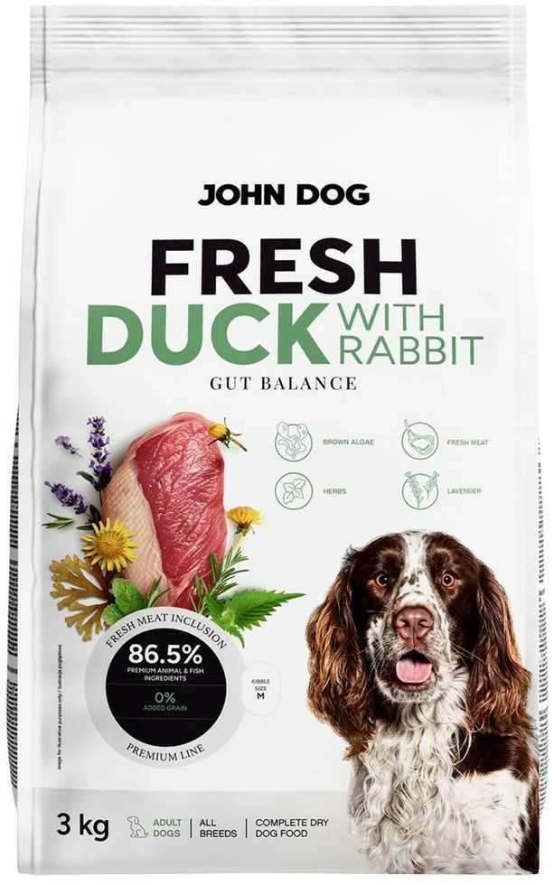 Šunų maistas - JOHN DOG Šviežia antis su triušiu 3kg, 35% baltymų, begrūdis