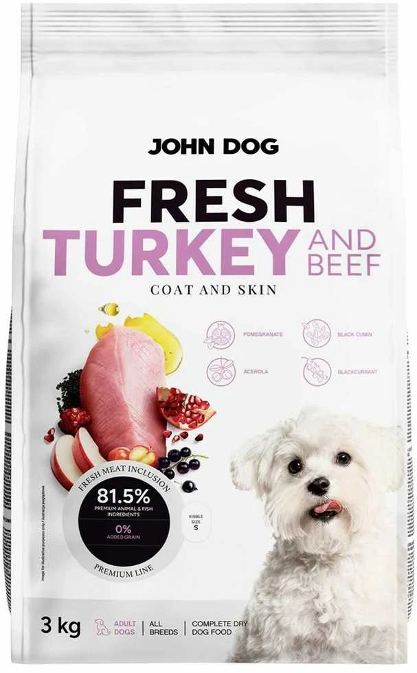 Šunų maistas - JOHN DOG Šviežia kalakutiena ir jautiena sausas šunų maistas 3kg