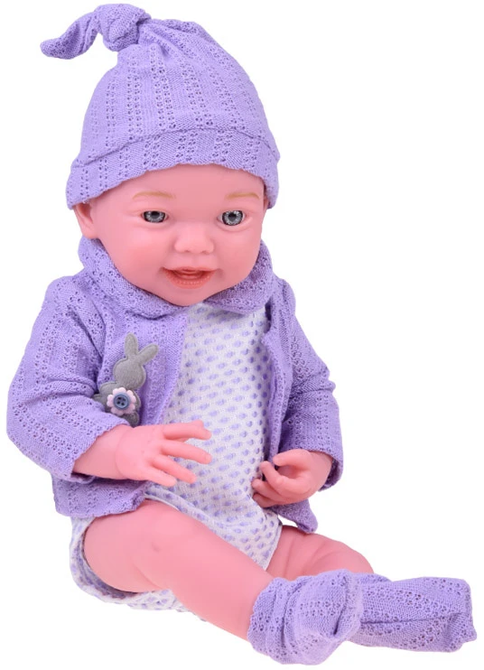 Jokomisiada Besišypsanti kūdikio lėlė su violetiniu megztiniu ir kepuraite 40 cm ZA5321