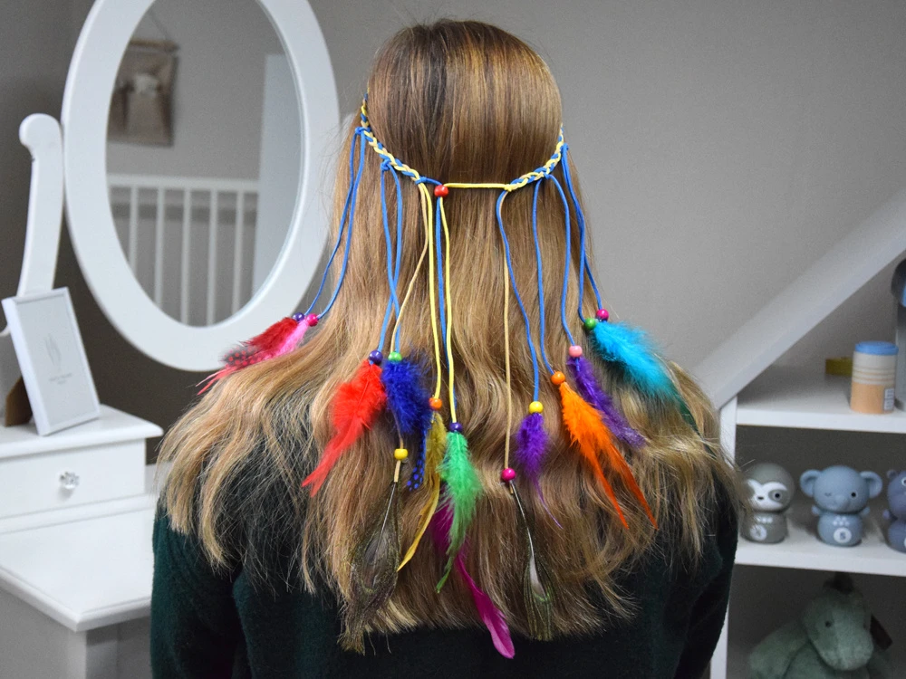 Jokomisiada Boho Headband with Colorful Feathers and Beads ZA5581