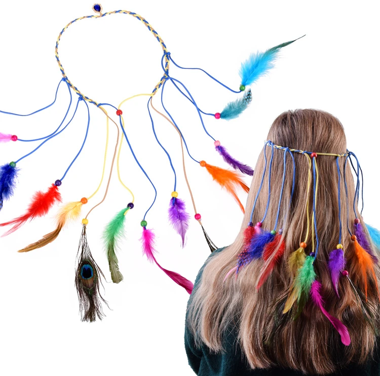 Jokomisiada Boho Headband with Colorful Feathers and Beads ZA5581