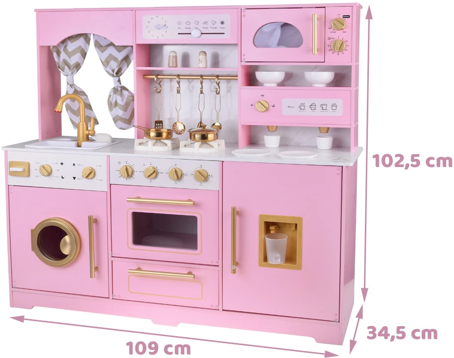 Jokomisiada Large interactive wooden kitchen with glamour auksinis accessories and ZA5933 kavos virimo aparatas