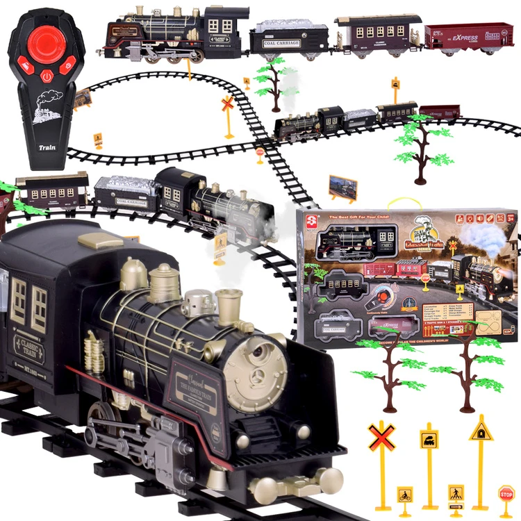 Jokomisiada Large Retro Train Locomotive Remote Control Train Light Steam Sound RC0700