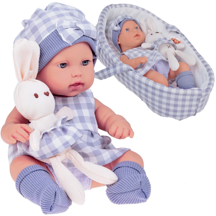 Jokomisiada Baby Doll Naujagimio lėlė pilka kepure ir suknele + triušis ZA5007